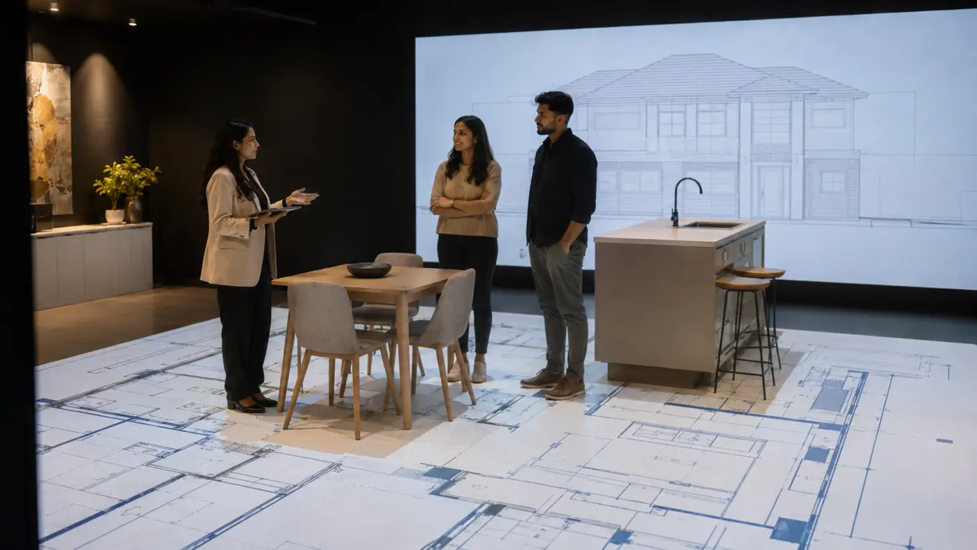 Home buyers reviewing furniture placement and room dimensions at actual scale