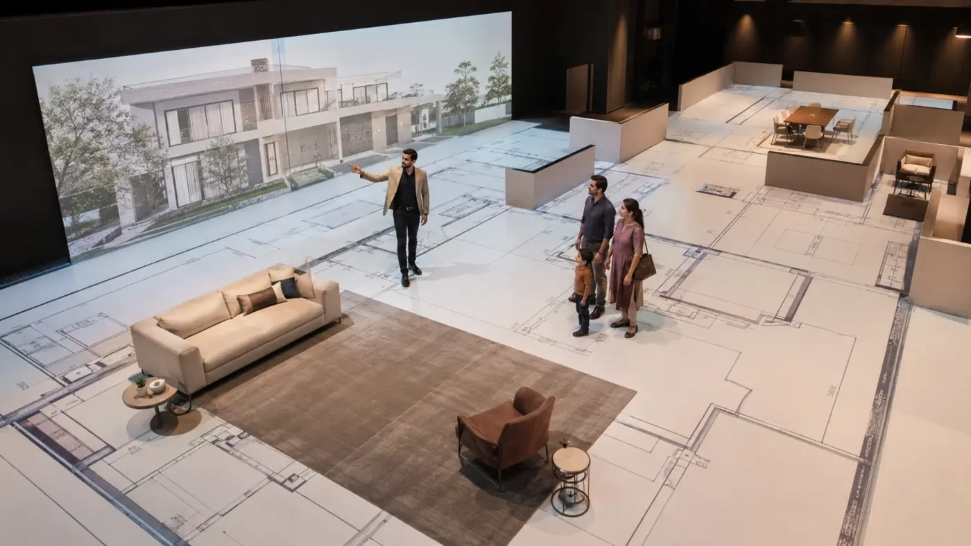 Family visualising their future home using a life-size projected floor plan
